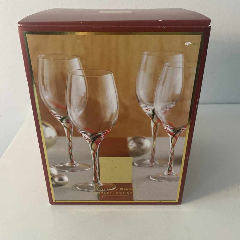 Set Of 4 Christmas Ribbon Lenox Wine Glasses/ Water Glasses 9 Inches Tall